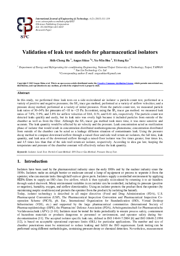 (PDF) Validation of leak test models for pharmaceutical isolators