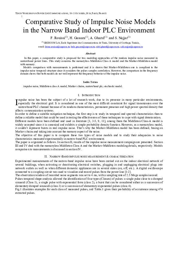 (PDF) Comparative Study of Impulse Noise Models in the Narrow Band ...