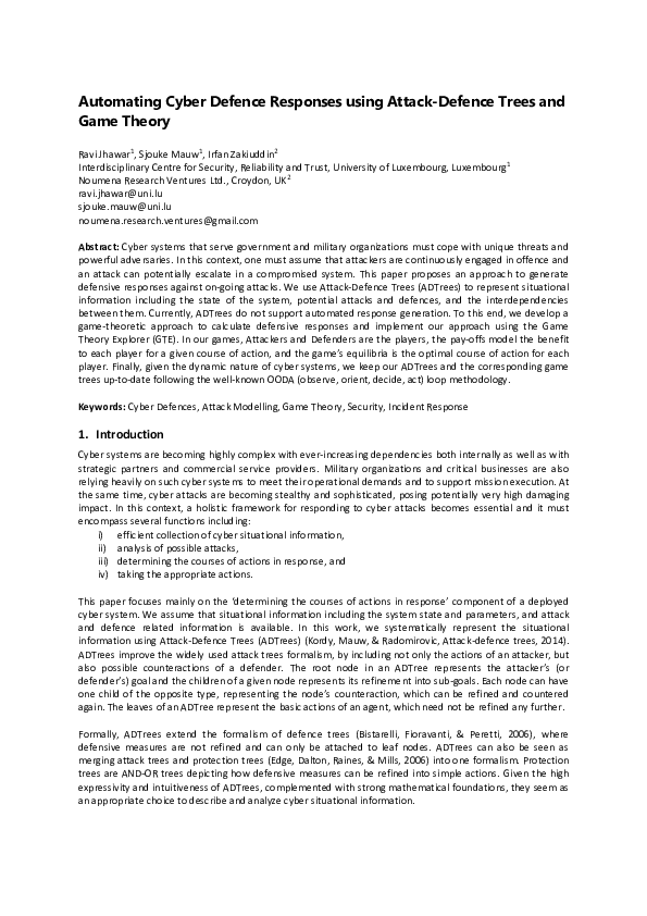 (PDF) Automating Cyber Defence Responses Using Attack-Defence Trees and ...