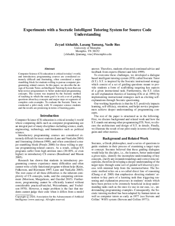 (PDF) Experiments with a Socratic Intelligent Tutoring System for ...
