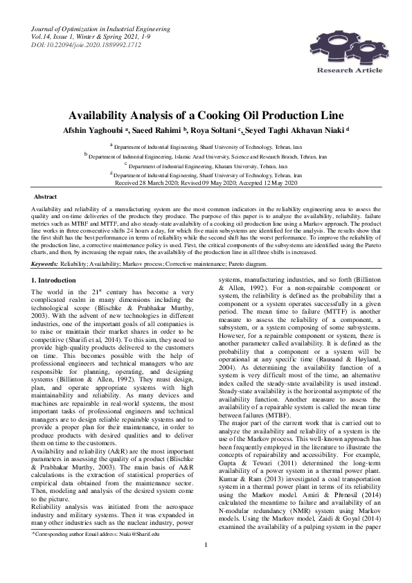 (PDF) Availability analysis of a cooking oil production line Roya