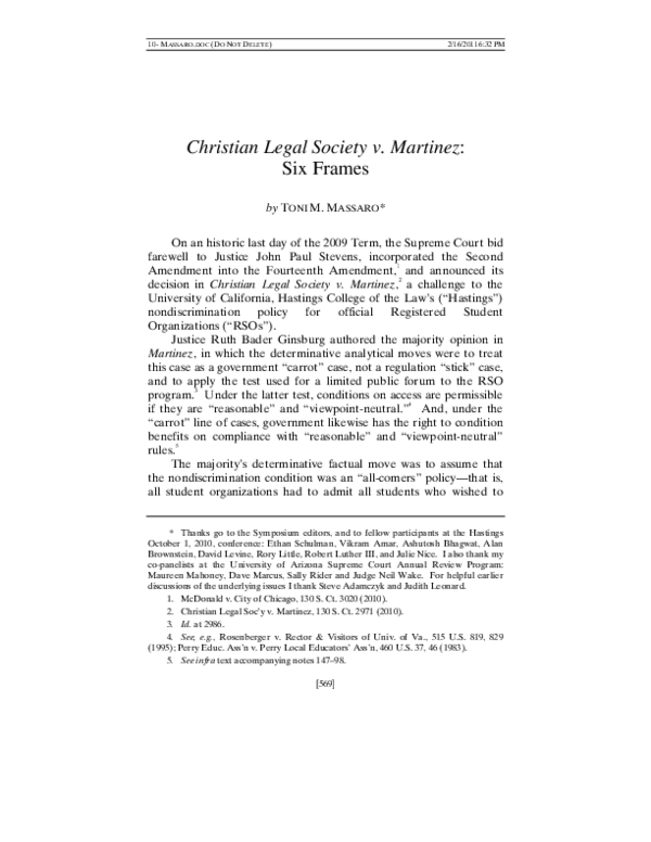 (PDF) Christian Legal Society v. Martinez Six Frames Toni Massaro