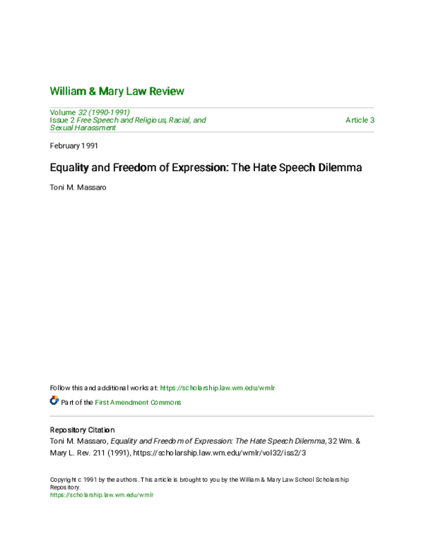(PDF) Equality and Freedom of Expression: The Hate Speech Dilemma
