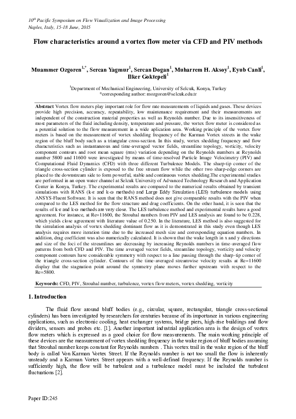 (PDF) Flow characteristics around a vortex flow meter via CFD and PIV