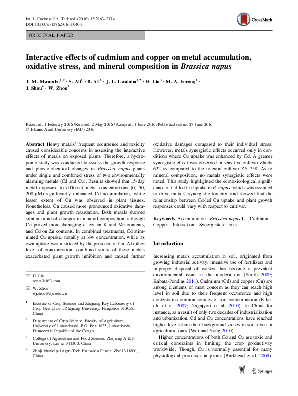 (PDF) Interactive effects of cadmium and copper on metal accumulation ...