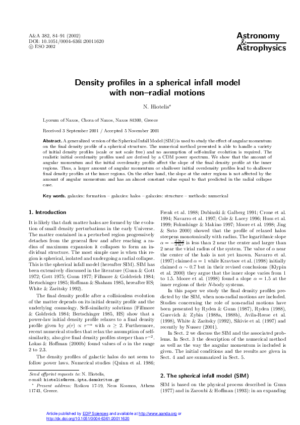 (PDF) Density profiles in a spherical infall model with non–radial motions