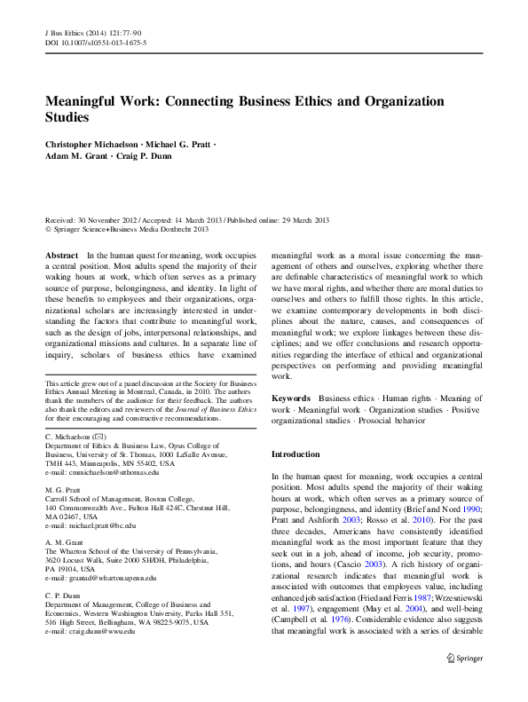 (PDF) Meaningful Work Connecting Business Ethics and Organization