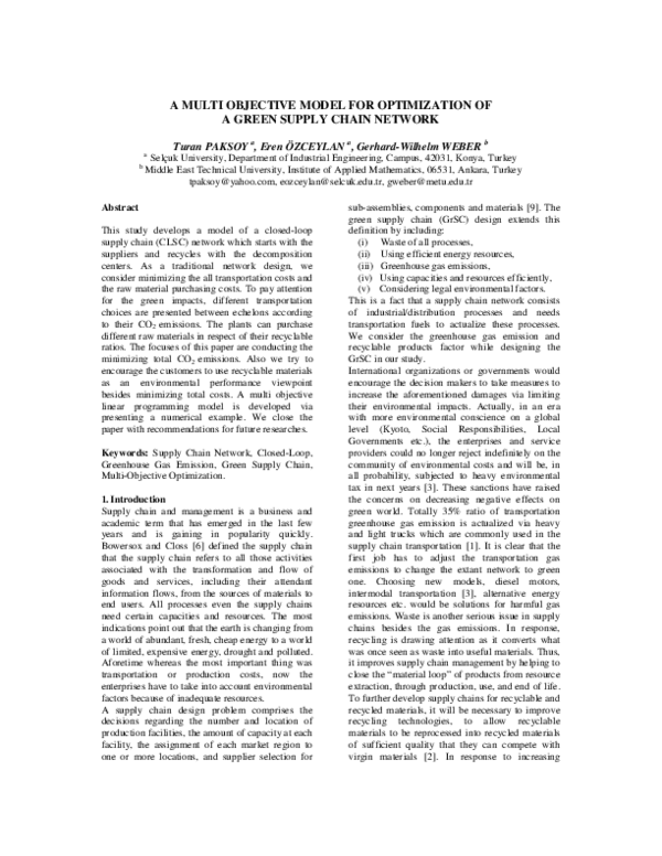 (PDF) A multi objective model for optimization of a green supply chain ...