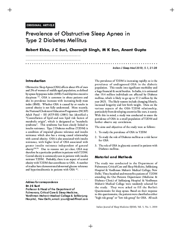 (PDF) Prevalence of obstructive sleep apnea in Type 2 diabetes mellitus