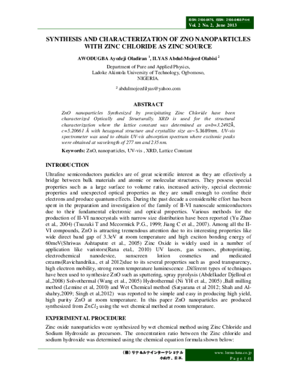 (PDF) Synthesis and Characterization of Zno Nanoparticles with Zinc ...