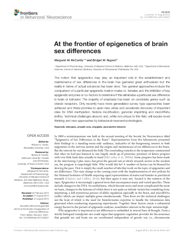 (PDF) At the frontier of epigenetics of brain sex differences