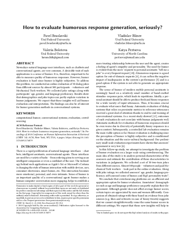 (PDF) How to Evaluate Humorous Response Generation, Seriously?