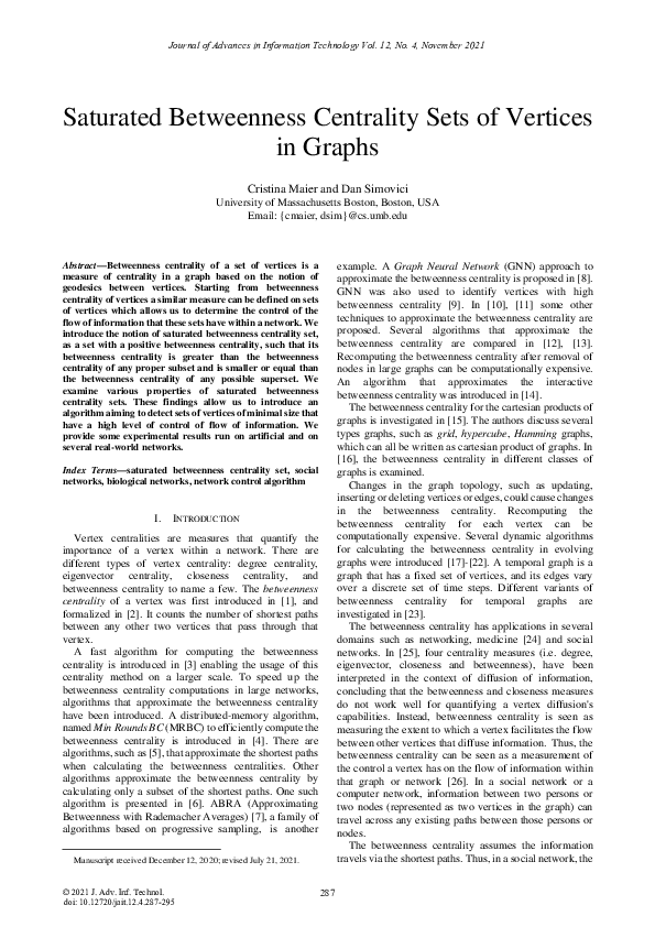 (PDF) Saturated Betweenness Centrality Sets of Vertices in Graphs