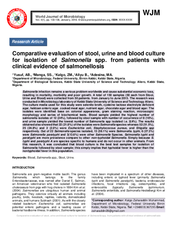(PDF) Comparative evaluation of stool, urine and blood culture for