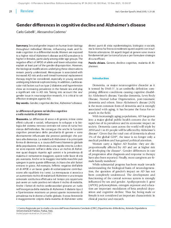 (PDF) Gender differences in cognitive decline and Alzheimer’s disease