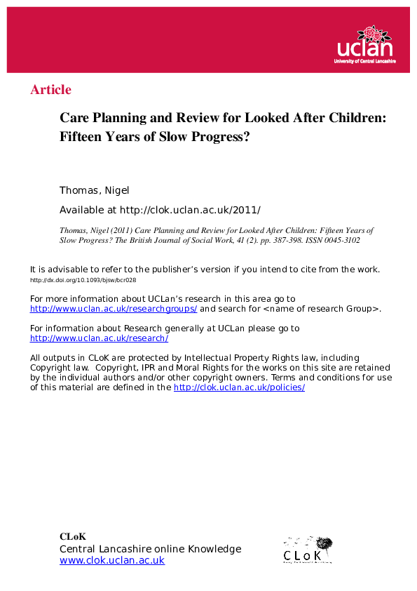 (PDF) Care Planning and Review for Looked After Children: Fifteen Years ...
