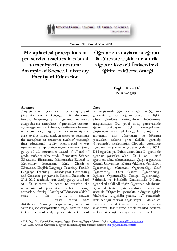 (PDF) Metaphorical perceptions of pre-service teachers in related to ...