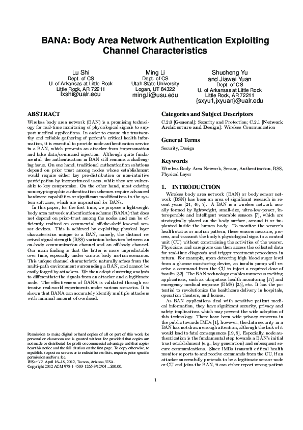 (PDF) BANA: Body area network authentication exploiting channel ...
