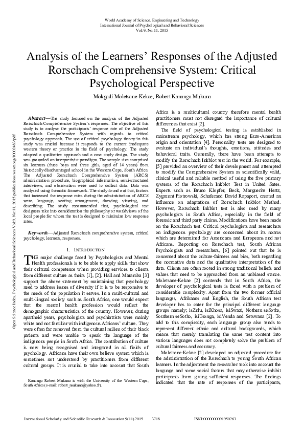 (PDF) Analysis of the Learners’ Responses of the Adjusted Rorschach ...