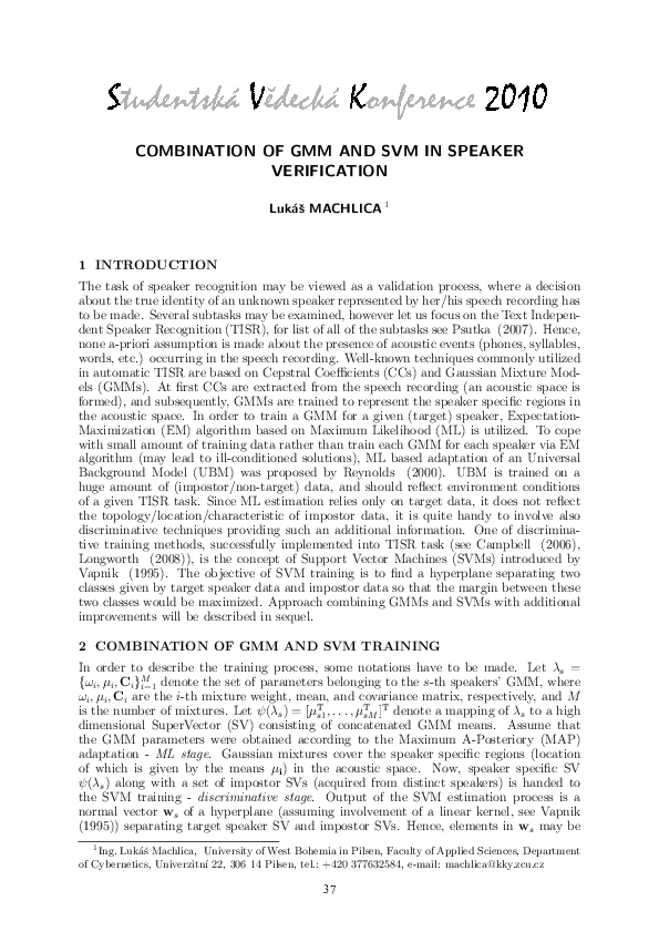 (PDF) Combination of GMM and SVM in Speaker Verification