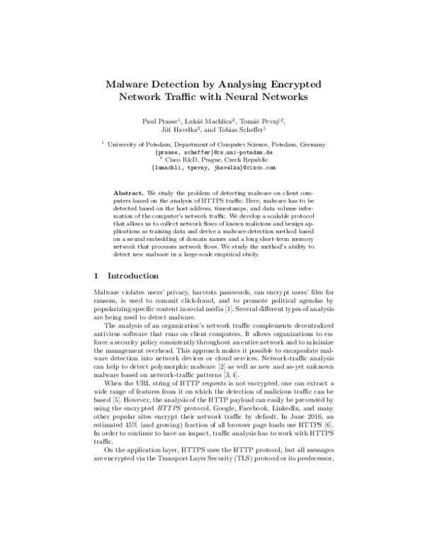 (PDF) Malware Detection by Analysing Encrypted Network Traffic with ...