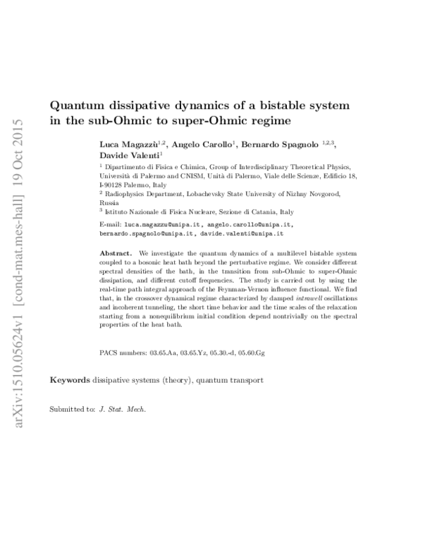(PDF) Quantum dissipative dynamics of a bistable system in the sub ...