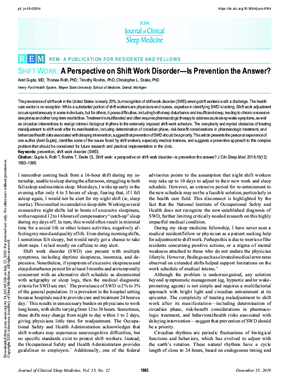 (PDF) Shift Work: A Perspective on Shift Work Disorder—Is Prevention ...