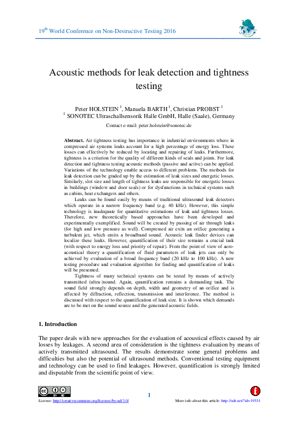 (PDF) Acoustic methods for leak detection and tightness testing