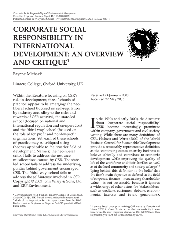 (PDF) Corporate Social Responsibility in International Development : An ...