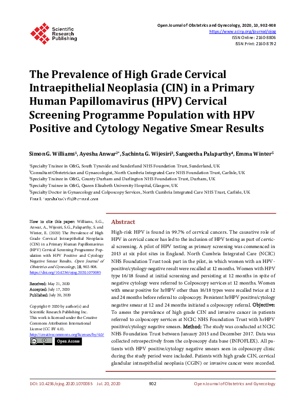 (PDF) The Prevalence of High Grade Cervical Intraepithelial Neoplasia ...