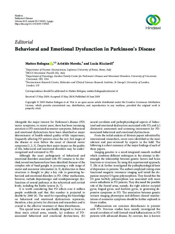 (PDF) Behavioral and Emotional Dysfunction in Parkinson’s Disease
