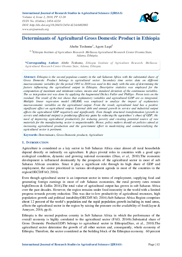 (PDF) Determinants of Agricultural Gross Domestic Product in Ethiopia
