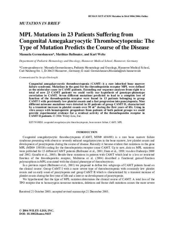 (PDF) MPL mutations in 23 patients suffering from congenital ...