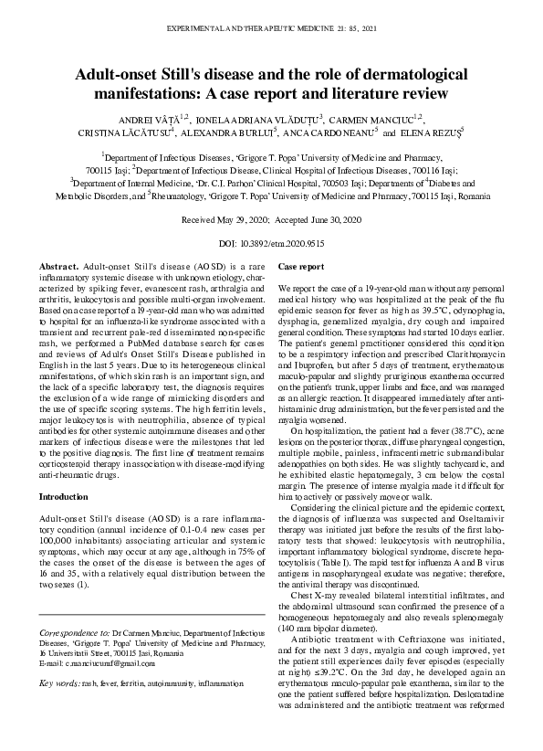 (PDF) Adultonset Still's disease and the role of dermatological