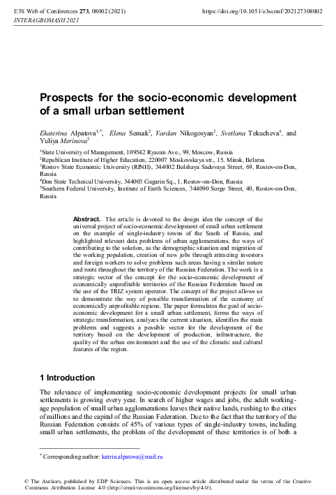 (PDF) Prospects for the socio-economic development of a small urban ...