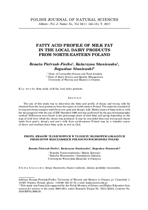 PDF) Fatty Acid Profile of Milk Fat in the Local Dairy Products 