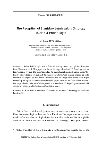 (PDF) Reception of Stanisław Leśniewski’s Ontology in Arthur Prior’s Logic