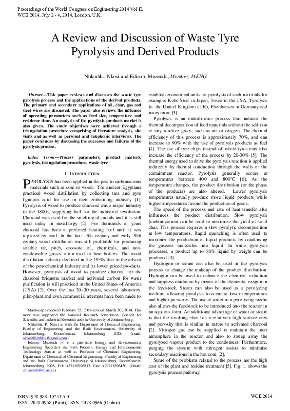 (PDF) A review and discussion of waste tyre pyrolysis and derived products