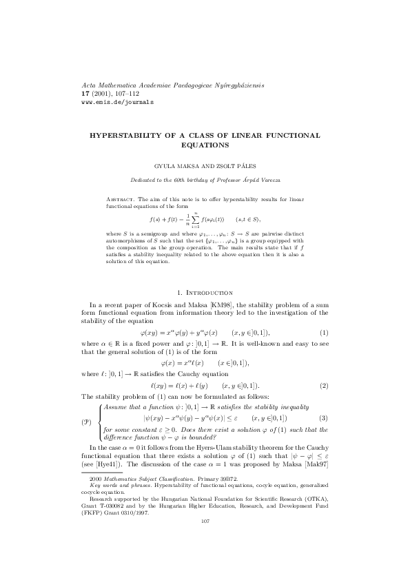 (PDF) Hyperstability of a class of linear functional equations