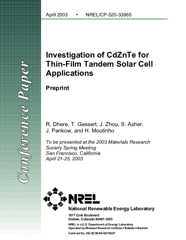 (PDF) Investigation of CdZnTe for Thin-Film Tandem Solar Cell Applications