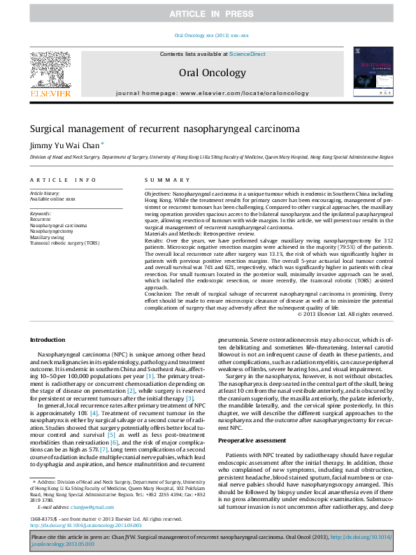 (PDF) Surgical management of recurrent nasopharyngeal carcinoma