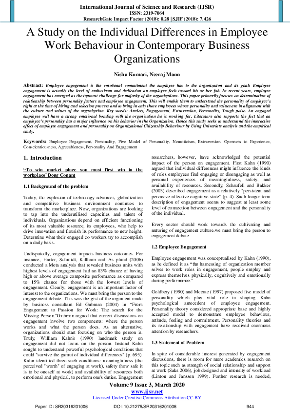 (PDF) A Study on the Individual Differences in Employee Work Behaviour ...