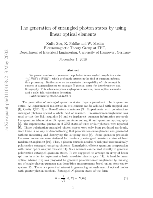 (PDF) Generation of entangled photon states by using linear optical ...
