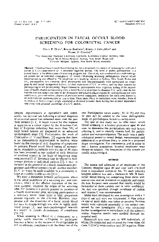 (PDF) Participation in faecal occult blood screening for colorectal cancer