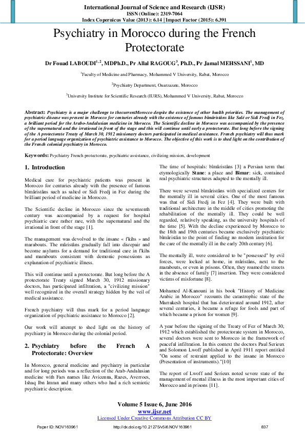 (PDF) Psychiatry in Morocco during the French Protectorate