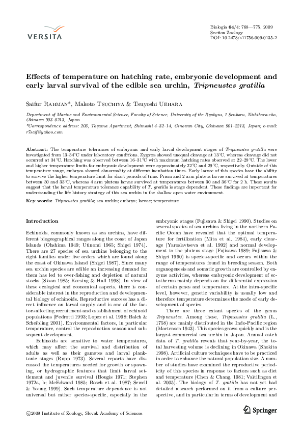 (PDF) Effects of temperature on hatching rate, embryonic development ...