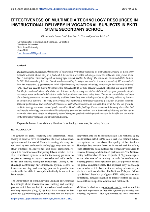 (PDF) Effectiveness Of Multimedia Technology Resources In Instructional ...