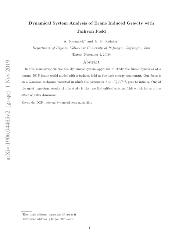 (PDF) Dynamical system analysis of brane induced gravity with tachyon field