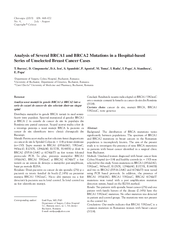 (PDF) Analysis of several BRCA1 and BRCA2 mutations in a hospital-based ...
