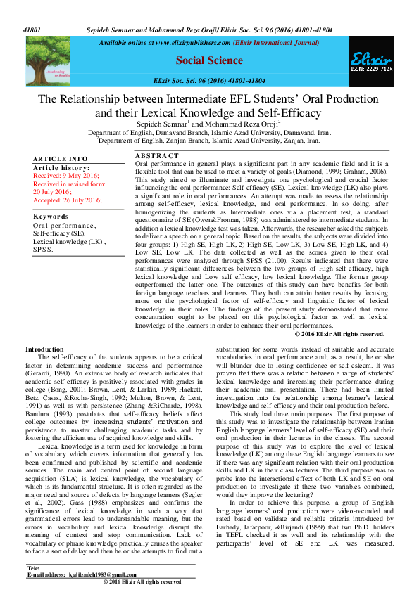 (PDF) The Relationship between Intermediate EFL Students ‟ Oral ...